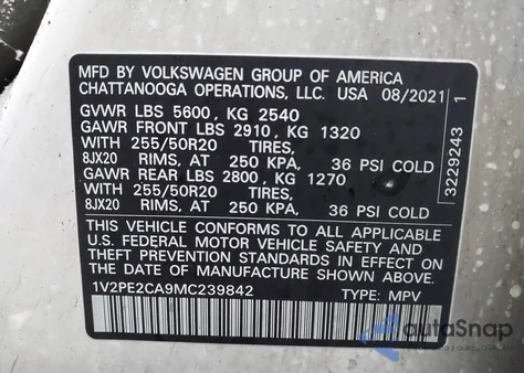 2021 Volkswagen Atlas Cross Sport 3.6L V6 Se W/Technology R-Line z USA, uszkodzony, nr VIN 1V2PE2CA9MC239842